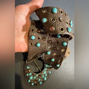 Brown Leather Belt with Turquoise and Bronze Studs.
